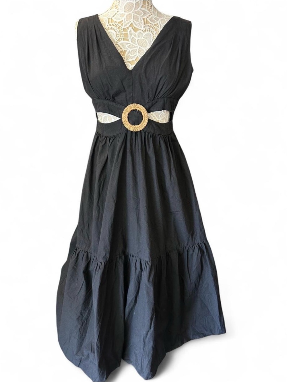 Black Midi Dress with Woven Buckle Waist